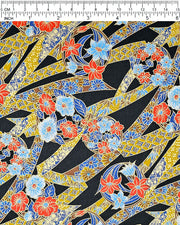 Japanese chiyogami paper featuring red & blue flowers and yellow ribbons with a shippo and floral pattern on a black background with metallic gold accents.