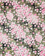 Japanese chiyogami featuring pink cherry blossoms on a black background with metallic gold accents.