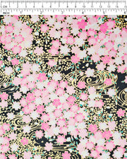 Japanese chiyogami featuring pink cherry blossoms on a black background with metallic gold accents.