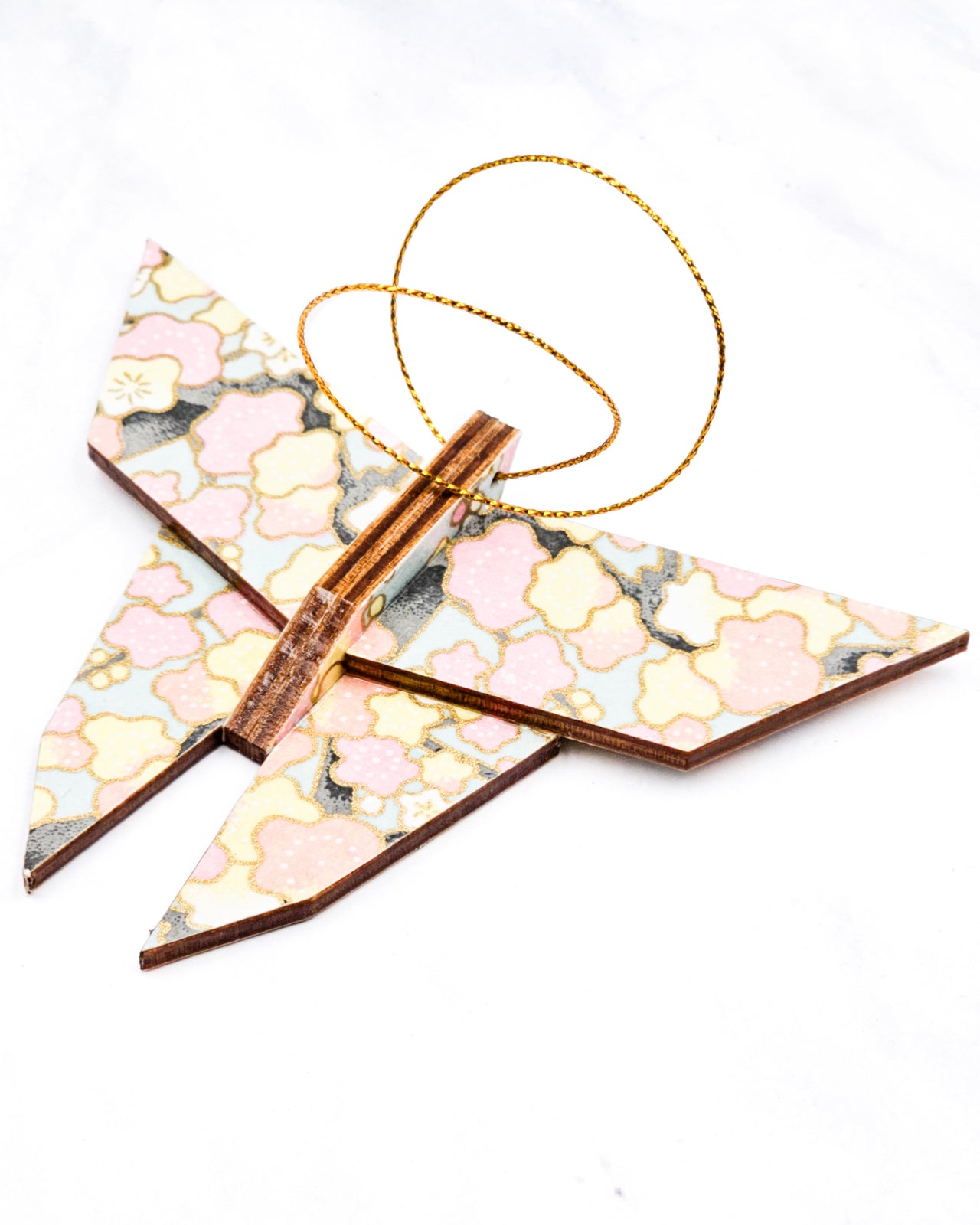 Wooden Origami Butterfly - Pink & Yellow Plum Blossom Tree on Blue