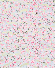 Japanese chiyogami featuring pink & purple cherry & plum blossoms on a blue background with metallic gold accents.