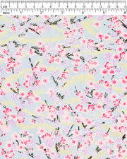 Japanese chiyogami featuring pink & purple cherry & plum blossoms on a blue background with metallic gold accents.