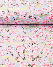 Japanese chiyogami featuring pink & purple cherry & plum blossoms on a blue background with metallic gold accents.