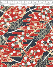 Japanese chiyogami paper featuring red & white katana swords with white & black cherry blossoms on a red & black background with metallic gold accents.