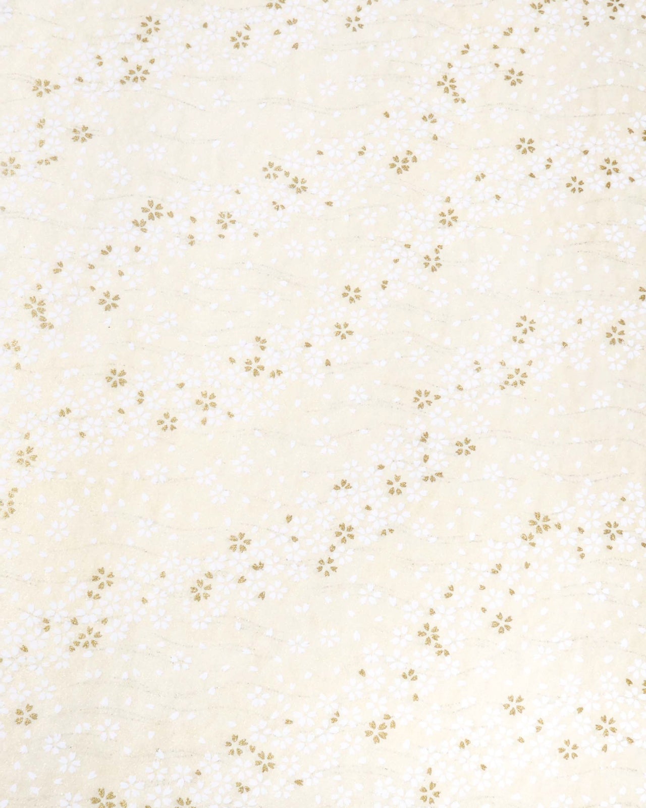 Japanese chiyogami featuring white and metallic gold cherry blossoms on a pearlescent cream background with silver accents.