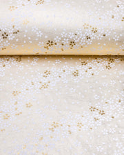 Japanese chiyogami featuring white and metallic gold cherry blossoms on a pearlescent cream background with silver accents.