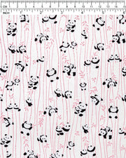 Japanese chiyogami paper featuring black & white pandas with pink bamboo on a pearlescent white background