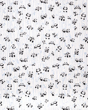 Japanese chiyogami paper featuring black & white pandas with blue bamboo on a pearlescent white background.