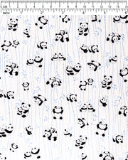 Japanese chiyogami paper featuring black & white pandas with blue bamboo on a pearlescent white background.