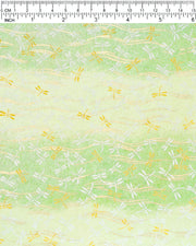 Japanese chiyogami paper featuring yellow and white dragonflies on a pearlescent green background with metallic gold accents.