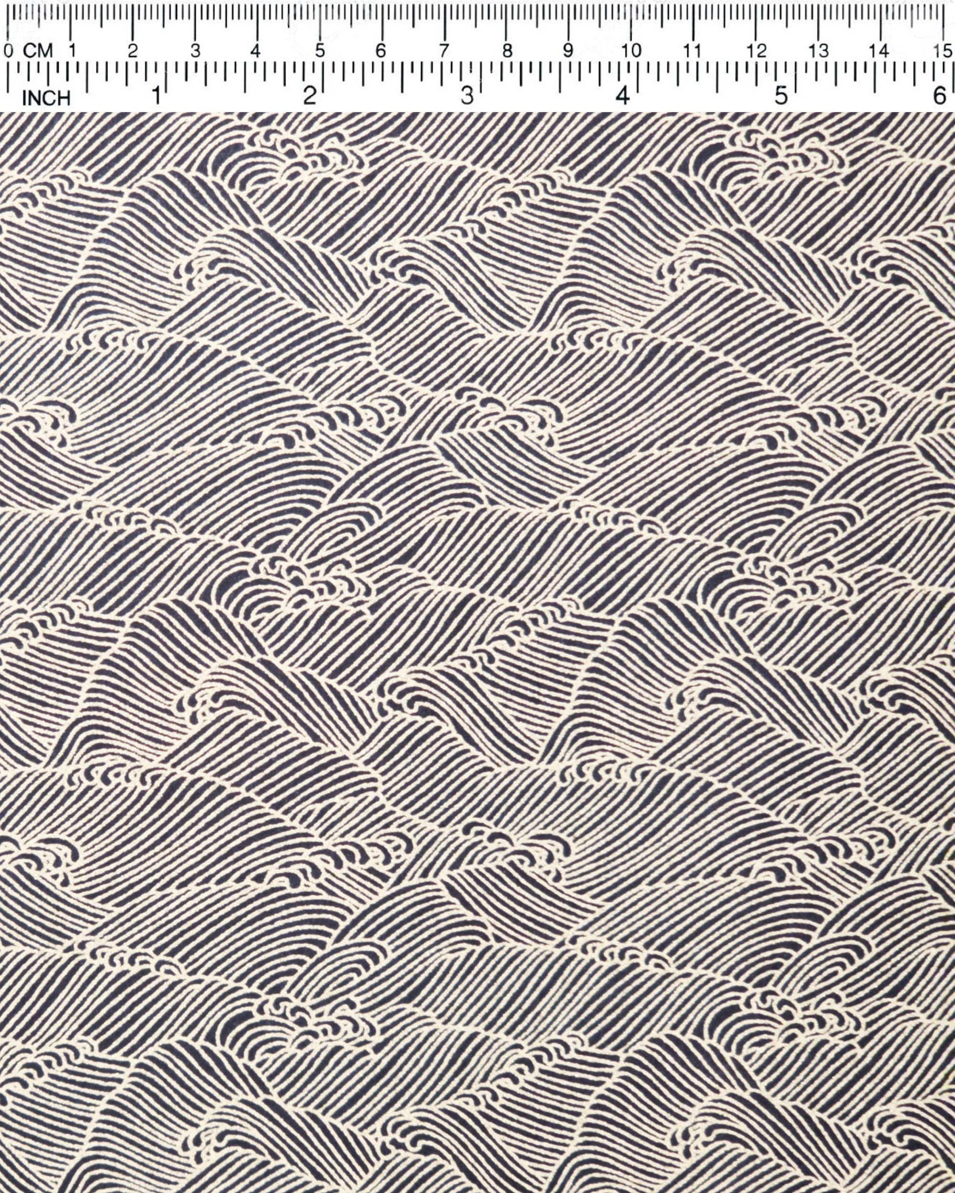 Japanese chiyogami featuring small metallic gold waves on a black background.