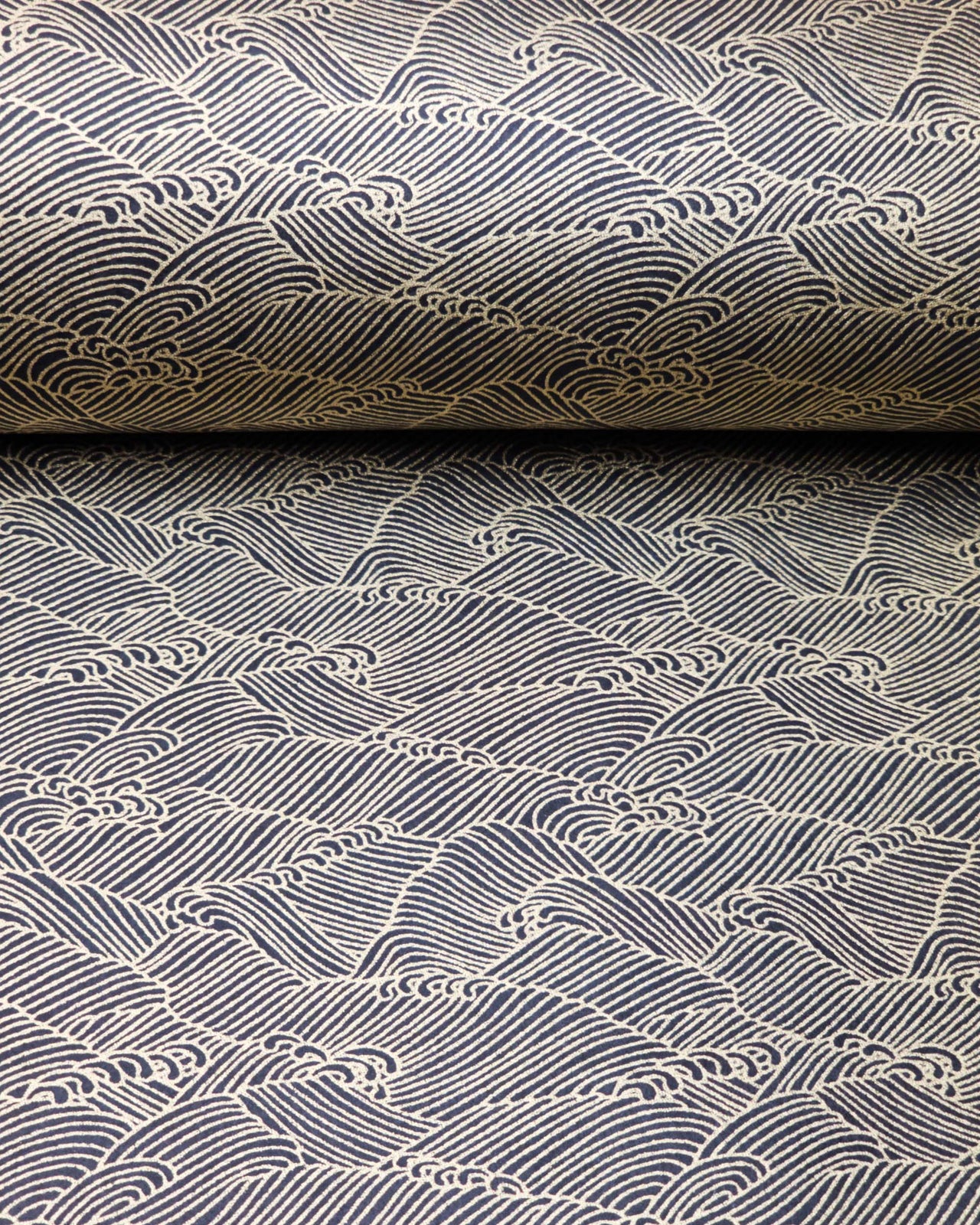 Japanese chiyogami featuring small metallic gold waves on a black background.