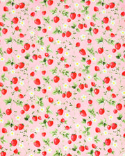Japanese chiyogami paper featuring red strawberries with green leaves and white flowers on a pink background.