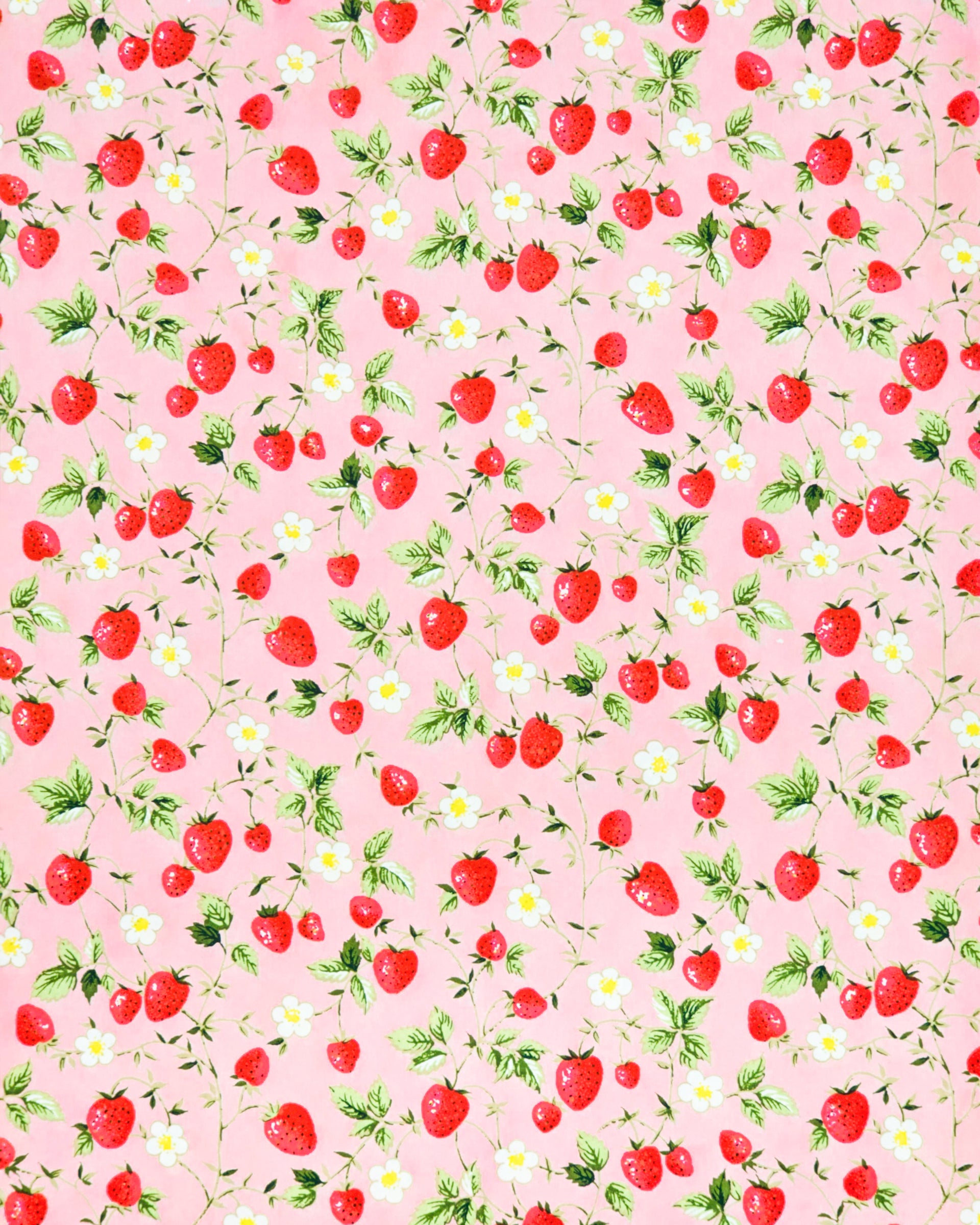 Japanese chiyogami paper featuring red strawberries with green leaves and white flowers on a pink background.