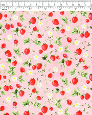 Japanese chiyogami paper featuring red strawberries with green leaves and white flowers on a pink background.