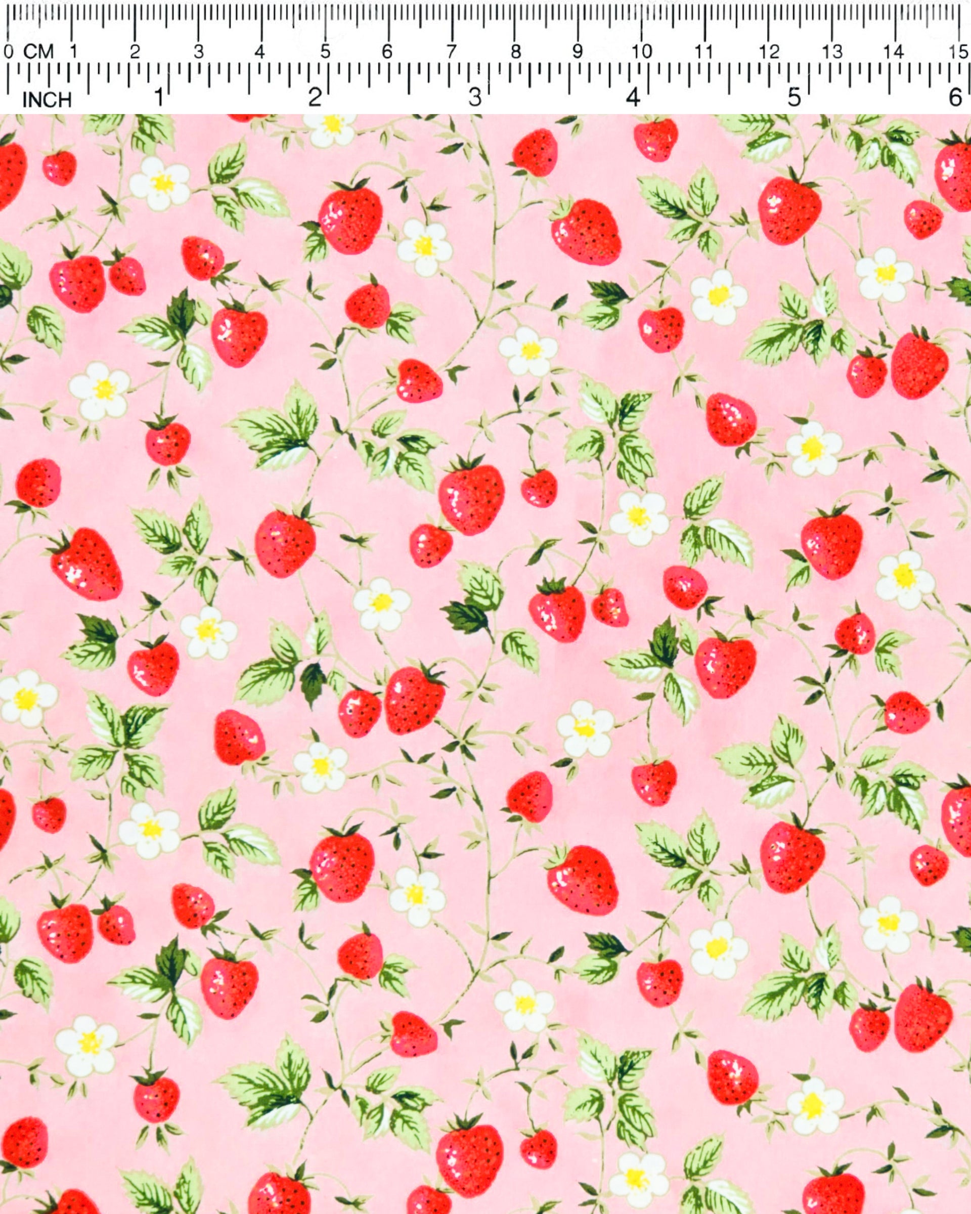 Japanese chiyogami paper featuring red strawberries with green leaves and white flowers on a pink background.