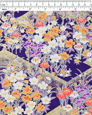 Japanese chiyogami paper featuring orange, purple, and white irises on a dark blue background with metallic gold accents.