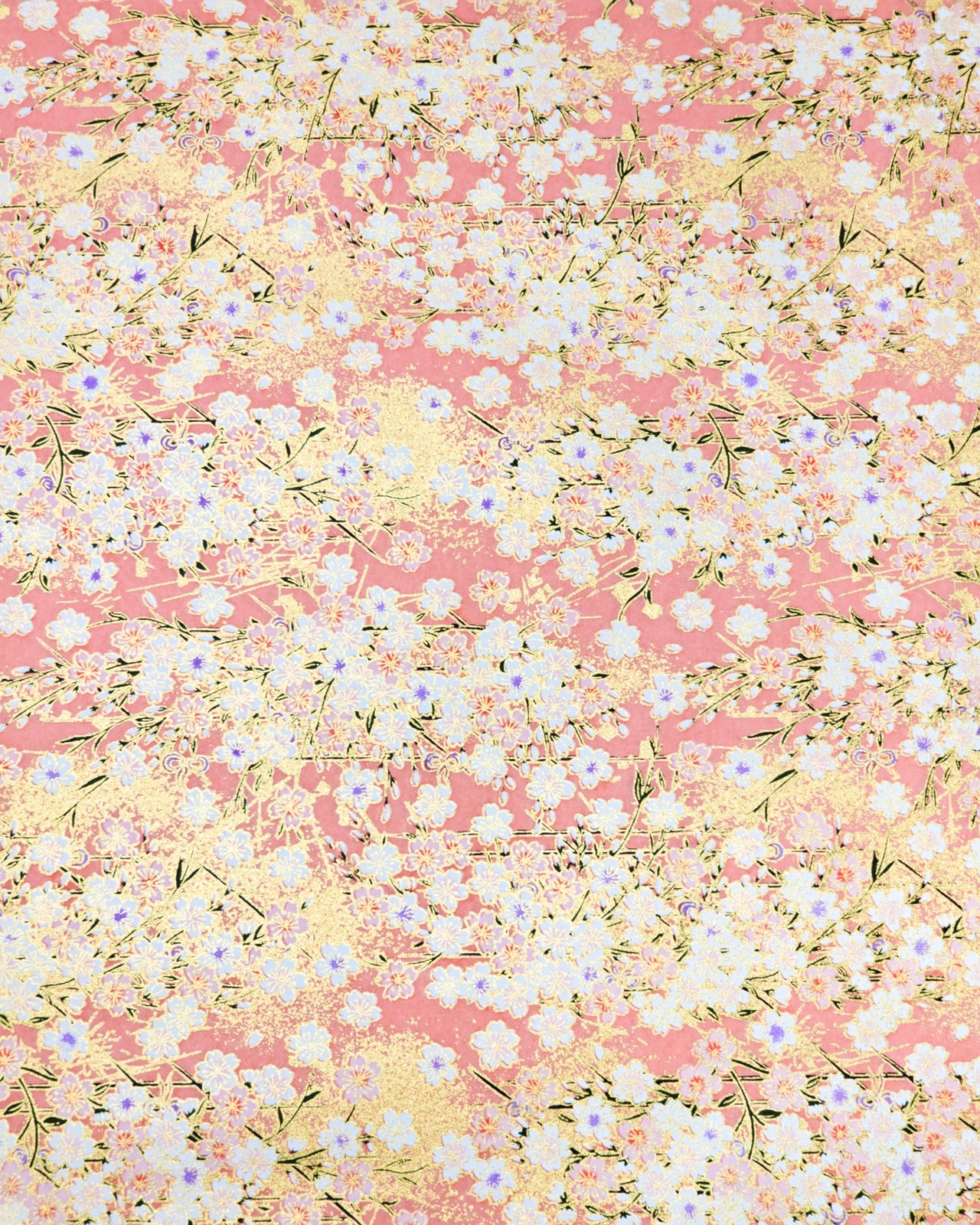 Japanese chiyogami paper featuring pink cherry blossoms & white cherry blossoms with purple centers on a pink background with metallic gold accents.