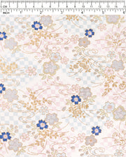 Japanese chiyogami paper featuring blue & pink cherry blossoms on a blue & purple ichimatsu (checkered) background with metallic gold & silver accents.