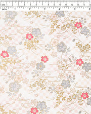 Japanese chiyogami paper featuring pink & silver cherry blossoms on a pink & beige ichimatsu (checkered) background with metallic gold accents.