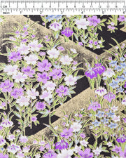 Japanese chiyogami paper featuring blue, purple, and white irises on a black background with metallic gold accents.