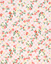 Japanese chiyogami paper featuring yellow, red, and white flowers on an orange ichimatsu (checkered) background with metallic gold accents.