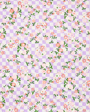 Japanese chiyogami paper featuring pink, red, and white flowers on a purple ichimatsu (checkered) background with metallic gold accents.