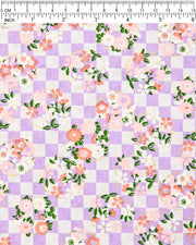 Japanese chiyogami paper featuring pink, red, and white flowers on a purple ichimatsu (checkered) background with metallic gold accents.