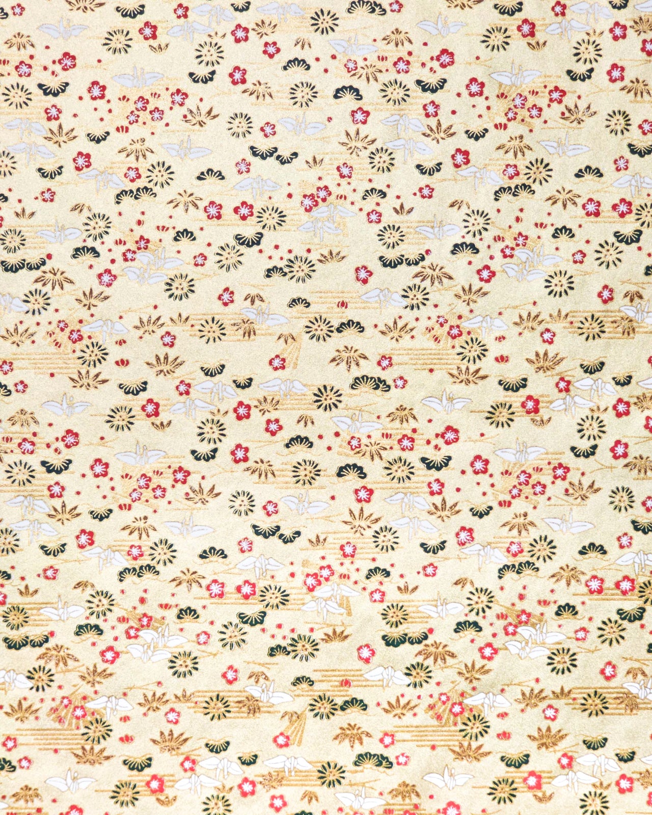 Japanese chiyogami featuring white origami cranes with green plants and red plum blossoms on a metallic gold background.