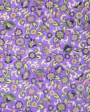 Japanese chiyogami featuring green & purple sarasa flowers on a pearlescent purple background with metallic gold accents.
