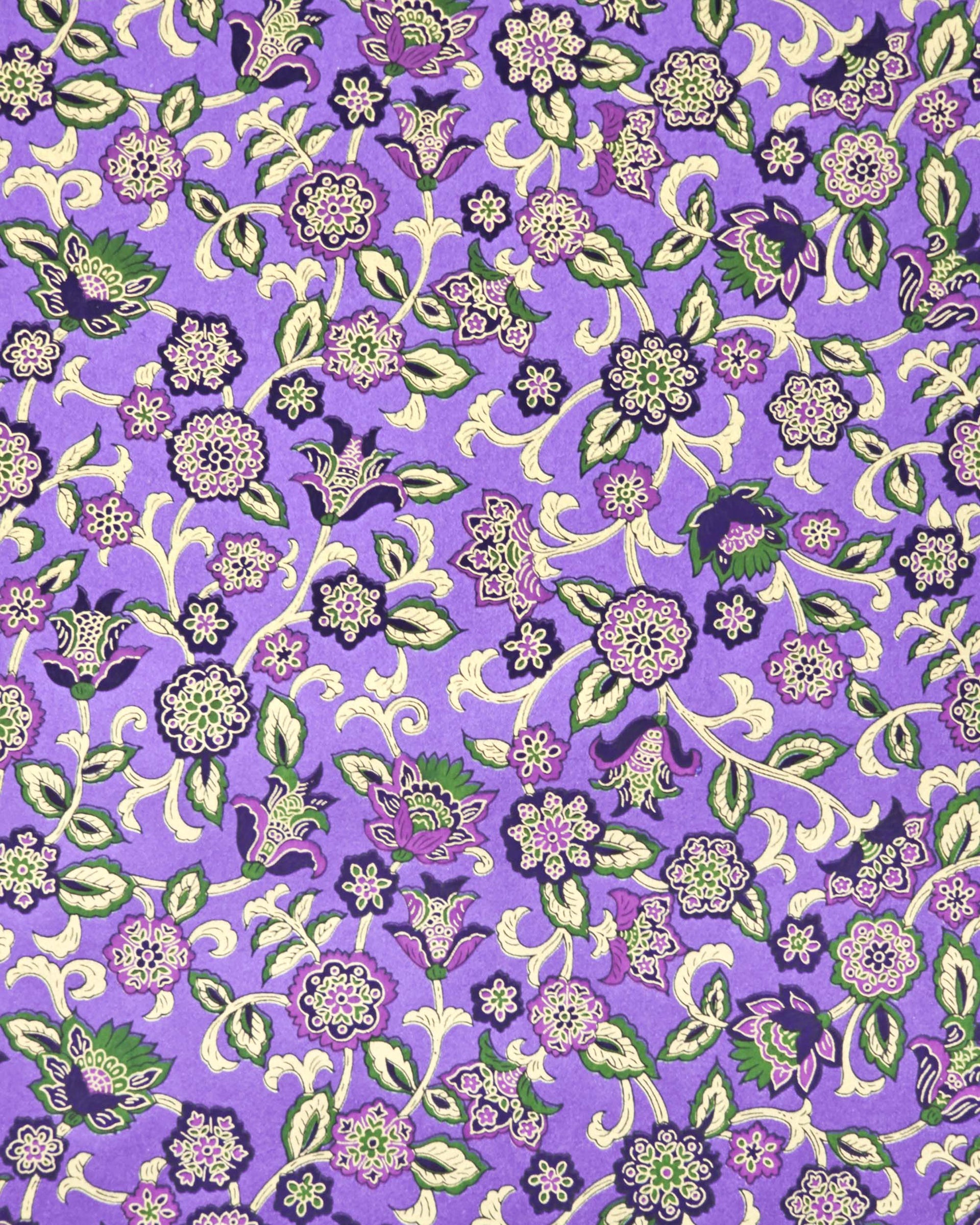 Japanese chiyogami featuring green & purple sarasa flowers on a pearlescent purple background with metallic gold accents.