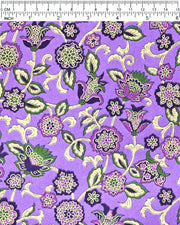 Japanese chiyogami featuring green & purple sarasa flowers on a pearlescent purple background with metallic gold accents.