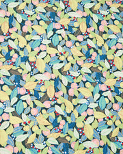 Japanese chiyogami paper featuring green & blue leaves with pink persimmons on a dark green background with metallic gold accents.