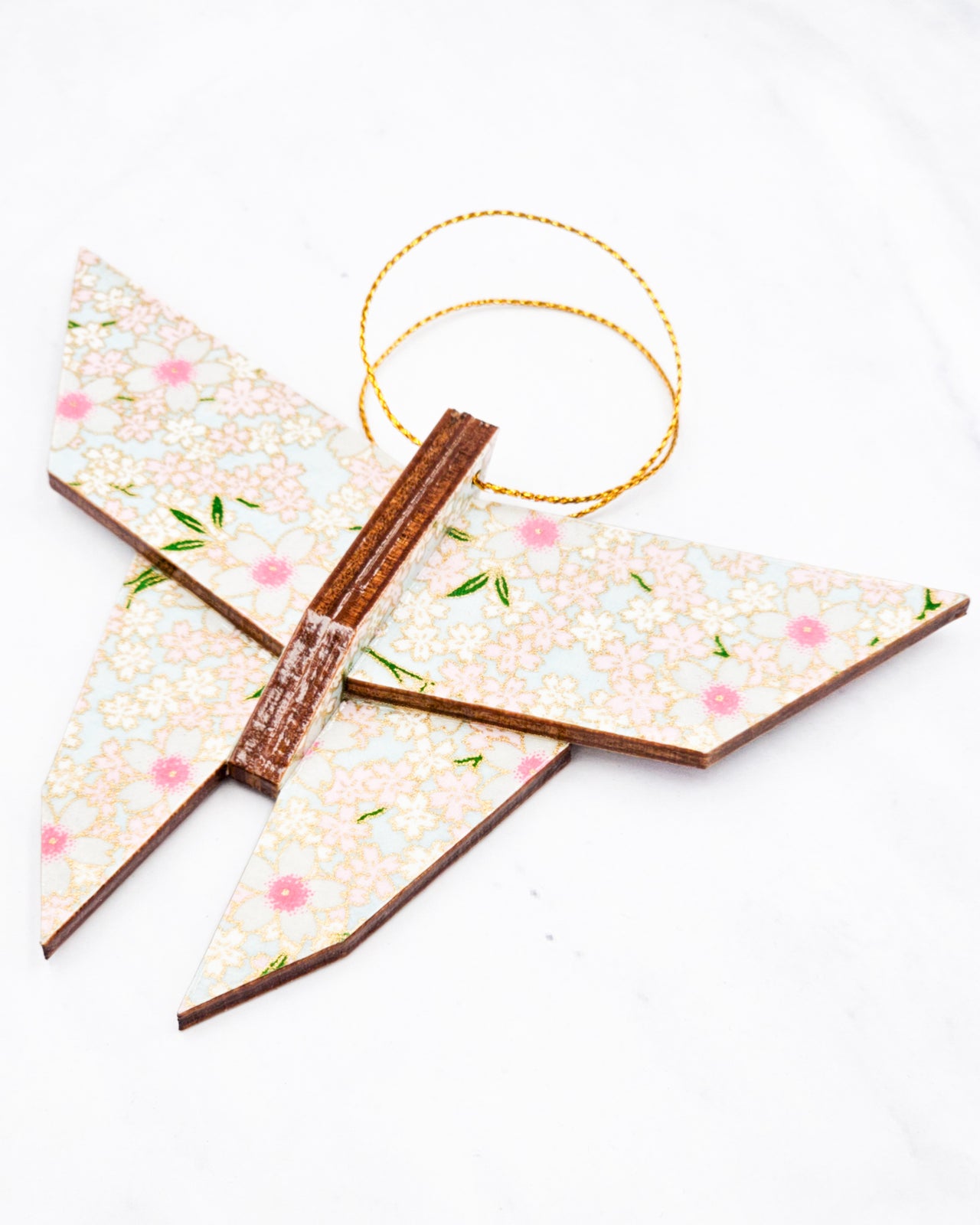Wooden Origami Butterfly - Pink & White Cherry Blossoms on Blue
