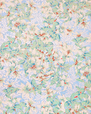 Japanese chiyogami paper featuring pink & white cherry blossoms on a light blue background with metallic gold accents.