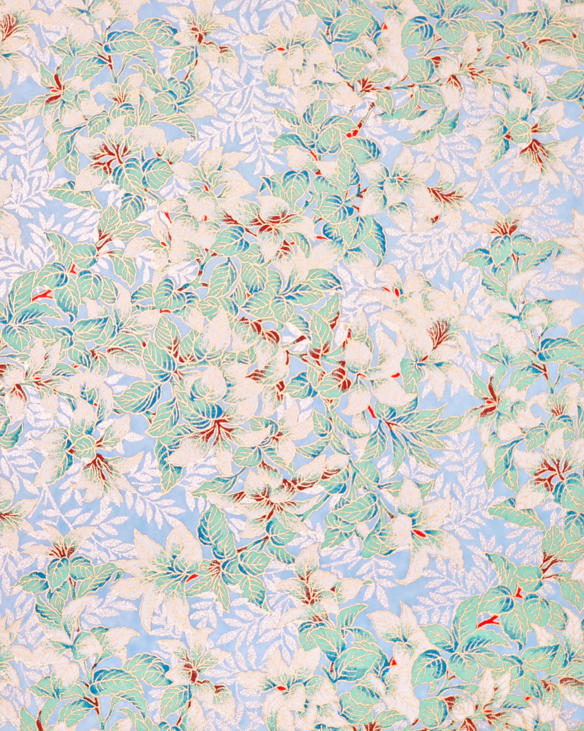Japanese chiyogami paper featuring pink & white cherry blossoms on a light blue background with metallic gold accents.
