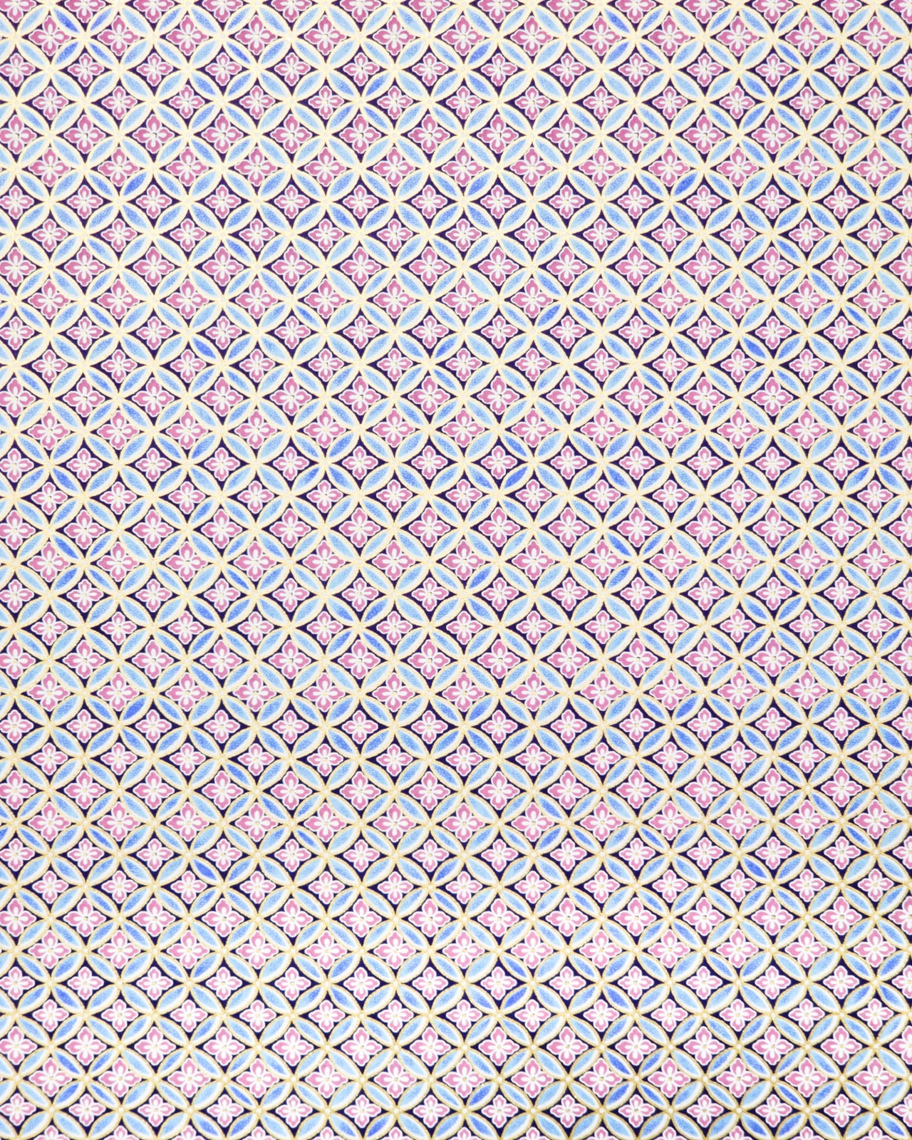 Japanese chiyogami paper featuring a blue shippo design with purple hanabishi in the center with metallic gold accents.