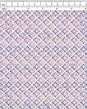 Japanese chiyogami paper featuring a blue shippo design with purple hanabishi in the center with metallic gold accents.