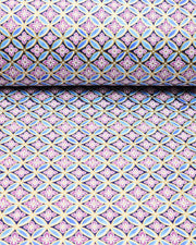 Japanese chiyogami paper featuring a blue shippo design with purple hanabishi in the center with metallic gold accents.