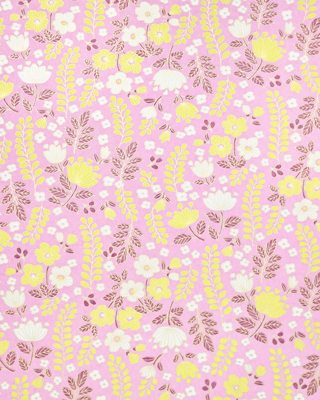 Japanese chiyogami paper featuring white & yellow flowers and wisteria with purple leaves and metallic gold accents.