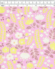 Japanese chiyogami paper featuring white & yellow flowers and wisteria with purple leaves and metallic gold accents.