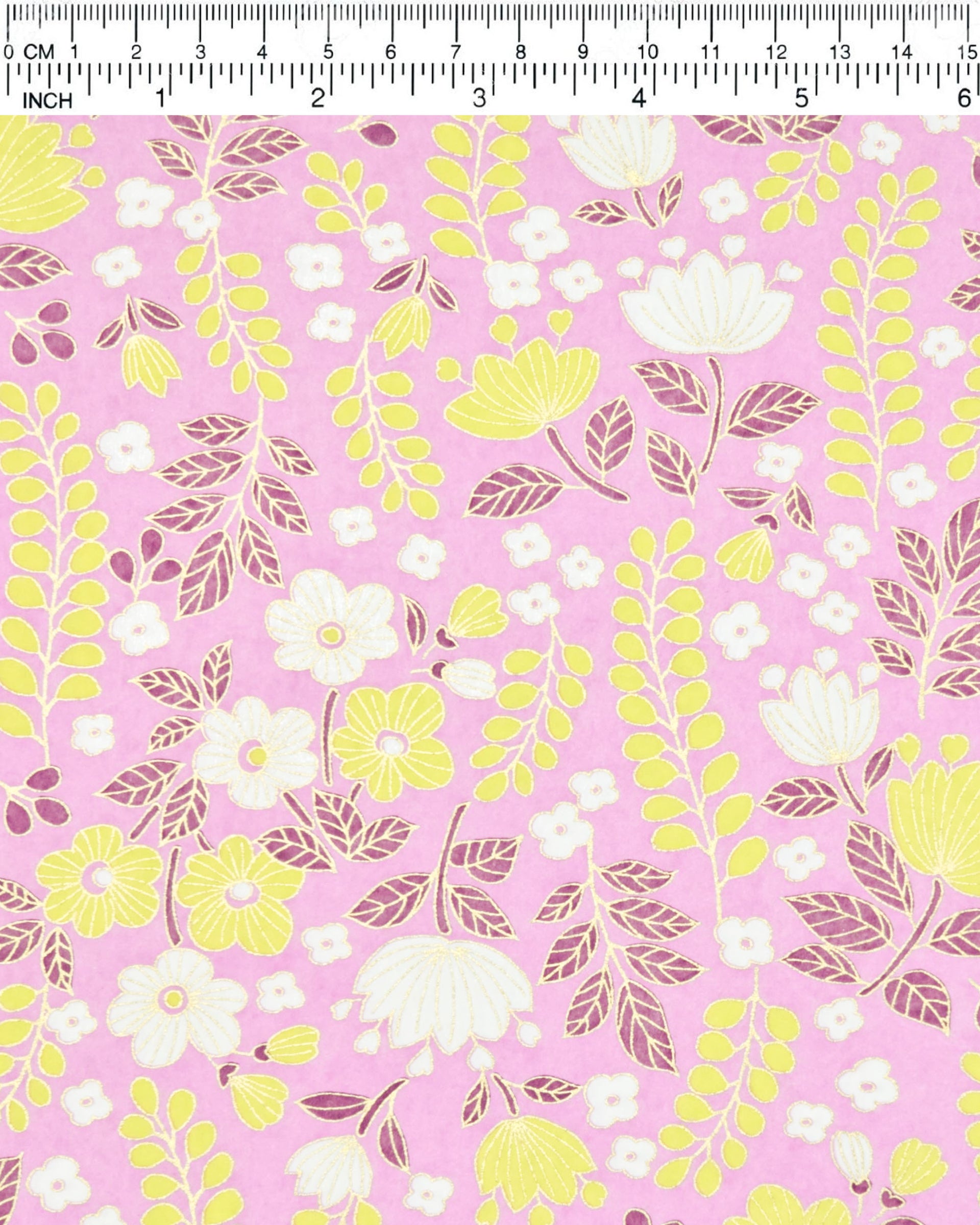 Japanese chiyogami paper featuring white & yellow flowers and wisteria with purple leaves and metallic gold accents.