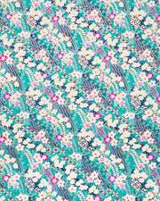 Japanese chiyogami paper featuring cream & magenta pink plum blossoms and wisteria on a teal blue back ground with metallic gold accents.