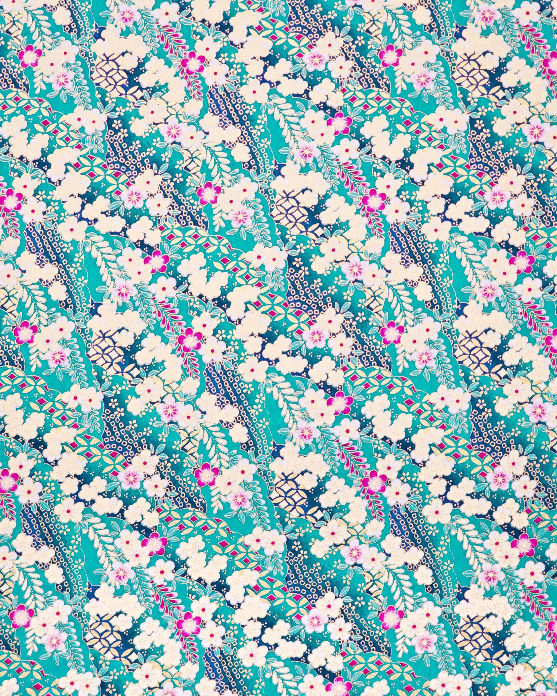 Japanese chiyogami paper featuring cream & magenta pink plum blossoms and wisteria on a teal blue back ground with metallic gold accents.