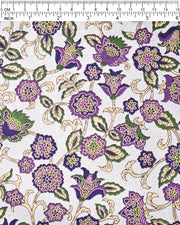 Japanese chiyogami paper featuring purple & green sarasa flowers on a metallic silver background.