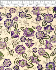 Japanese chiyogami paper featuring purple & green sarasa flowers on a metallic gold background.