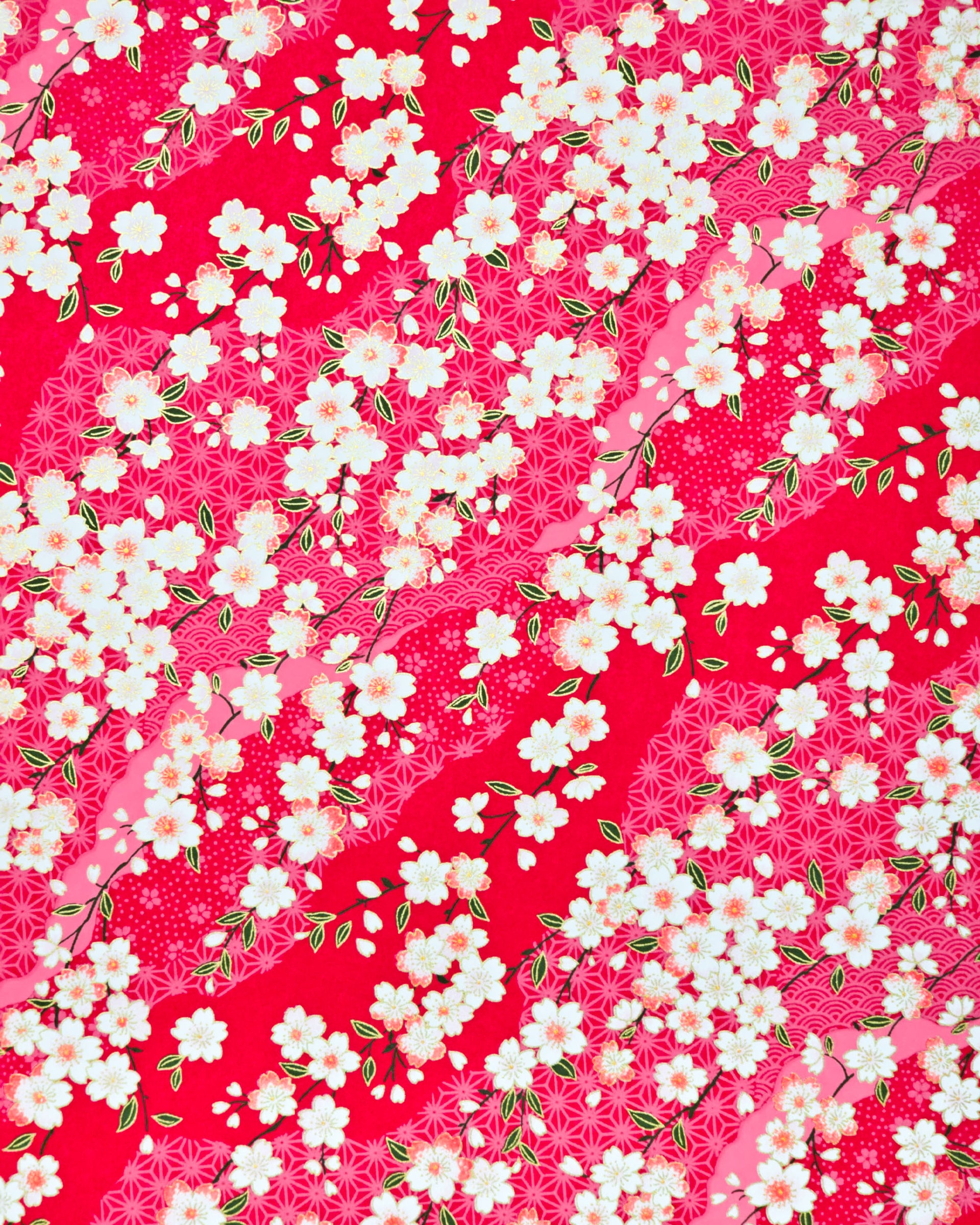 Japanese chiyogami paper featuring pink & white cherry blossoms on a red background with metallic gold accents.