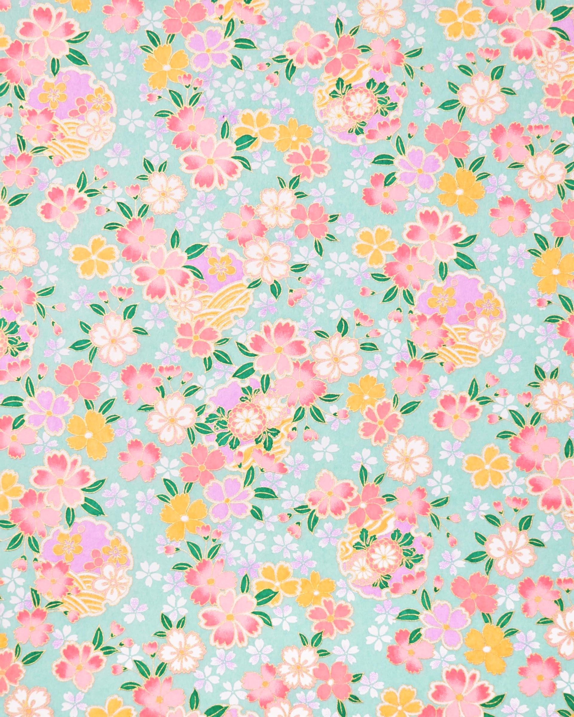 Japanese chiyogami paper featuring pink, yellow, purple, and white cherry blossoms and purple yukiwas on a turquoise background with metallic gold accents.