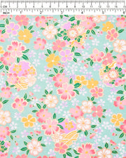 Japanese chiyogami paper featuring pink, yellow, purple, and white cherry blossoms and purple yukiwas on a turquoise background with metallic gold accents.