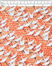 Japanese chiyogami paper featuring white flying cranes on an red background with metallic gold accents.
